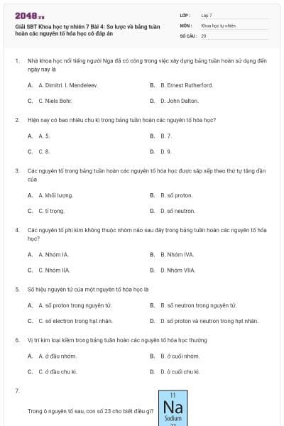 Giải SBT Khoa học tự nhiên 7 Bài 4: Sơ lược về bảng tuần hoàn các nguyên tố hóa học có đáp án