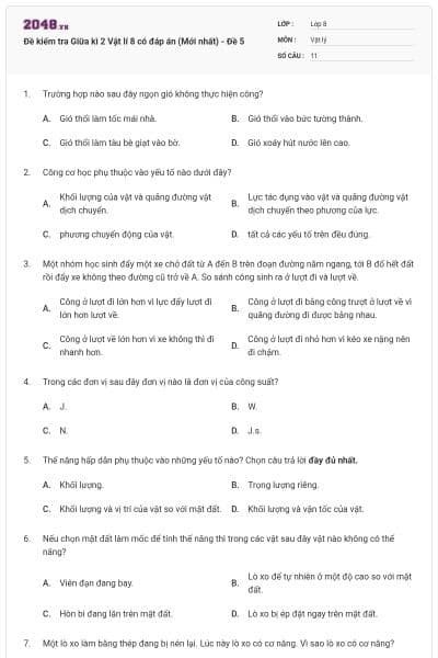 Đề kiểm tra Giữa kì 2 Vật lí 8 có đáp án (Mới nhất) - Đề 5
