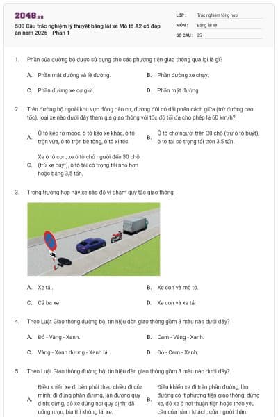500 Câu trắc nghiệm lý thuyết bằng lái xe Mô tô A2 có đáp án năm 2025 - Phần 1