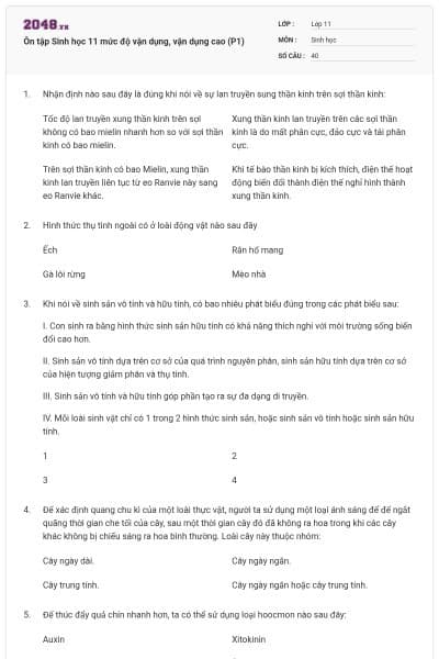Ôn tập Sinh học 11 mức độ vận dụng, vận dụng cao (P1)