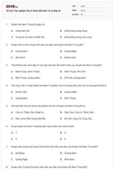 30 câu Trắc nghiệm Địa 9 Cánh diều Bài 13 có đáp án