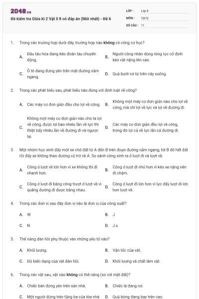 Đề kiểm tra Giữa kì 2 Vật lí 8 có đáp án (Mới nhất) - Đề 6