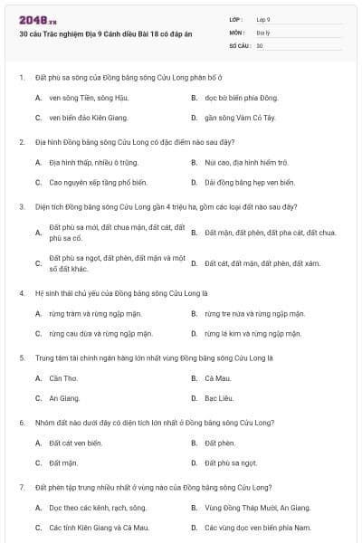 30 câu Trắc nghiệm Địa 9 Cánh diều Bài 18 có đáp án