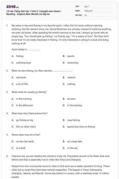 18 câu Tiếng Anh lớp 7 Unit 3: I bought new shoes! - Reading - Explore New Worlds có đáp án