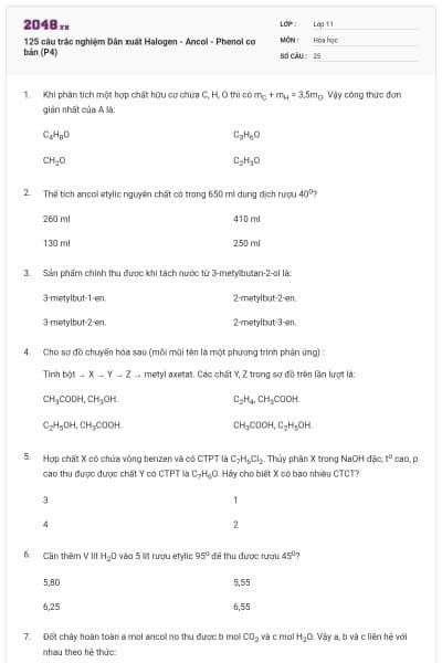 125 câu trắc nghiệm Dẫn xuất Halogen - Ancol - Phenol cơ bản (P4)