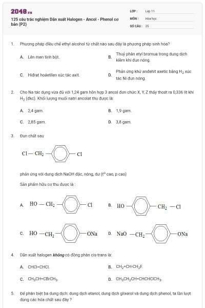 125 câu trắc nghiệm Dẫn xuất Halogen - Ancol - Phenol cơ bản (P2)