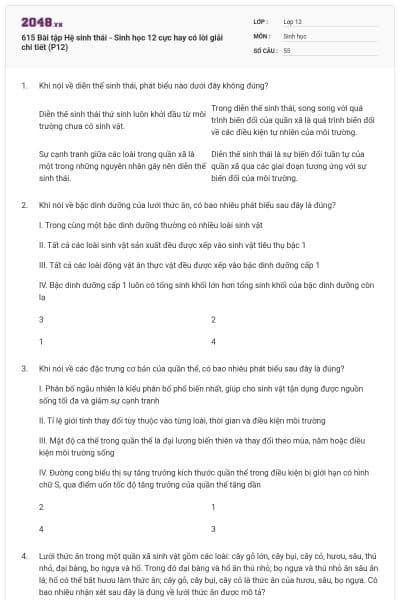 615 Bài tập Hệ sinh thái - Sinh học 12 cực hay có lời giải chi tiết (P12)