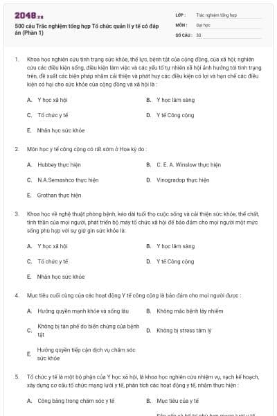 500 câu Trắc nghiệm tổng hợp Tổ chức quản lí y tế có đáp án (Phần 1)