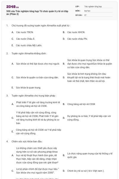 500 câu Trắc nghiệm tổng hợp Tổ chức quản lí y tế có đáp án (Phần 3)