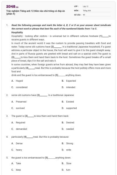 Trắc nghiệm Tiếng anh 12 Điền vào chỗ trống có đáp án (phần 4)