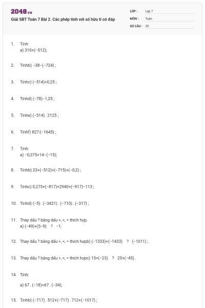 Giải SBT Toán 7 Bài 2. Các phép tính với số hữu tỉ có đáp