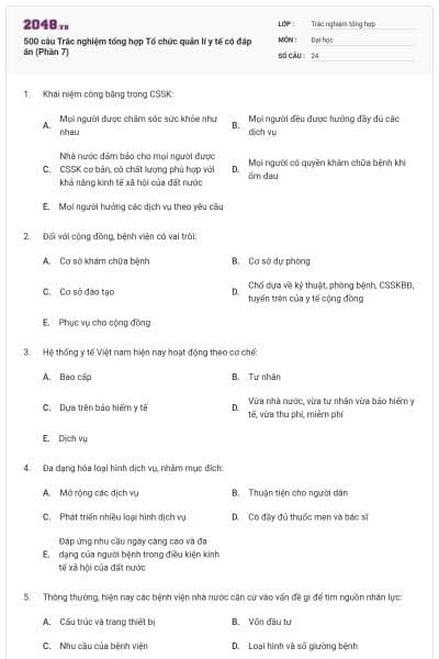 500 câu Trắc nghiệm tổng hợp Tổ chức quản lí y tế có đáp án (Phần 7)