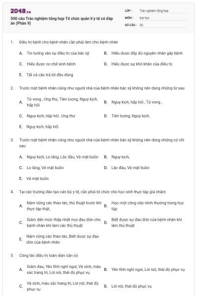 500 câu Trắc nghiệm tổng hợp Tổ chức quản lí y tế có đáp án (Phần 9)