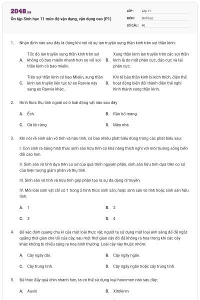 Ôn tập Sinh học 11 mức độ vận dụng, vận dụng cao (P1)