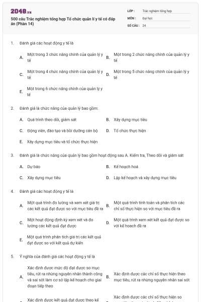 500 câu Trắc nghiệm tổng hợp Tổ chức quản lí y tế có đáp án (Phần 14)