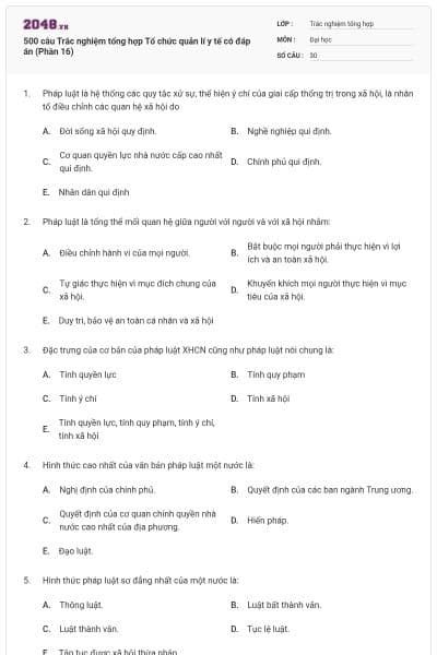 500 câu Trắc nghiệm tổng hợp Tổ chức quản lí y tế có đáp án (Phần 16)