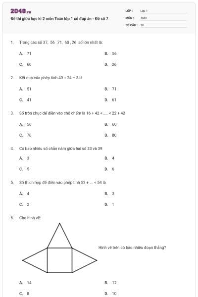 Đề thi giữa học kì 2 môn Toán lớp 1 có đáp án - Đề số 7
