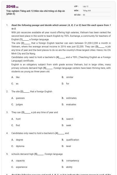 Trắc nghiệm Tiếng anh 12 Điền vào chỗ trống có đáp án (phần 6)