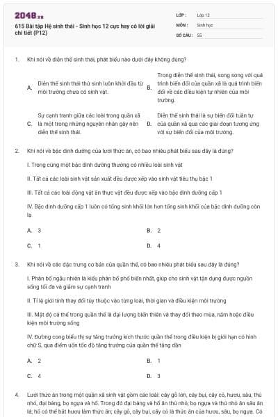 615 Bài tập Hệ sinh thái - Sinh học 12 cực hay có lời giải chi tiết (P12)