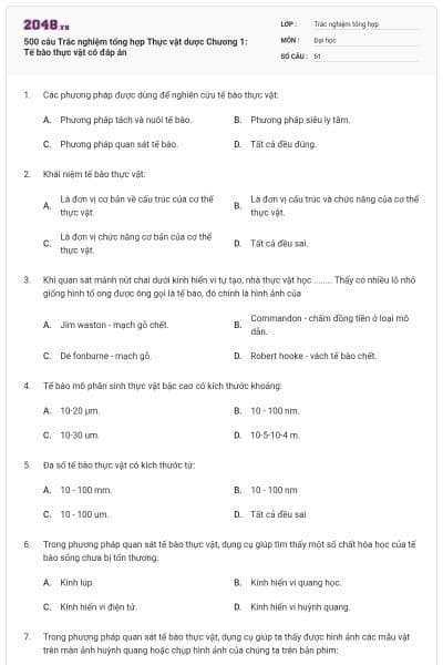 500 câu Trắc nghiệm tổng hợp Thực vật dược Chương 1: Tế bào thực vật có đáp án