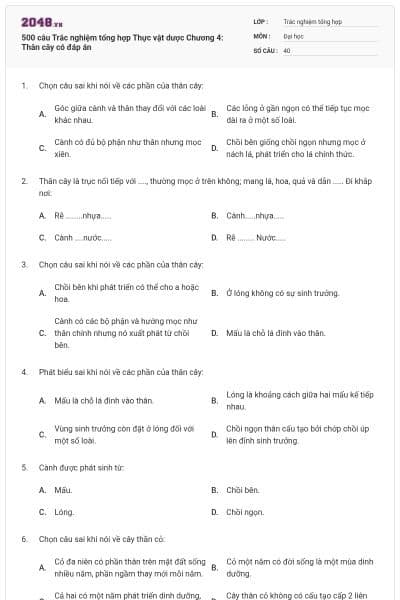 500 câu Trắc nghiệm tổng hợp Thực vật dược Chương 4: Thân cây có đáp án
