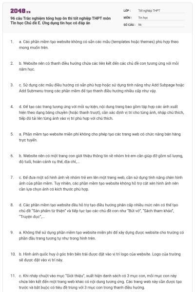 96 câu Trắc nghiệm tổng hợp ôn thi tốt nghiệp THPT môn Tin học Chủ đề E. Ứng dụng tin học có đáp án