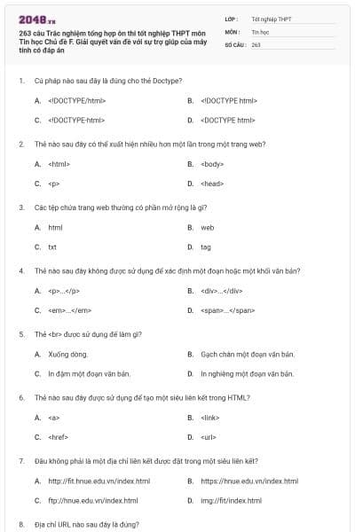 263 câu Trắc nghiệm tổng hợp ôn thi tốt nghiệp THPT môn Tin học Chủ đề F. Giải quyết vấn đề với sự trợ giúp của máy tính có đáp án