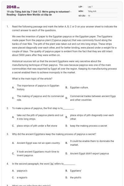 19 câu Tiếng Anh lớp 7 Unit 12: We're going to volunteer! - Reading - Explore New Worlds có đáp án