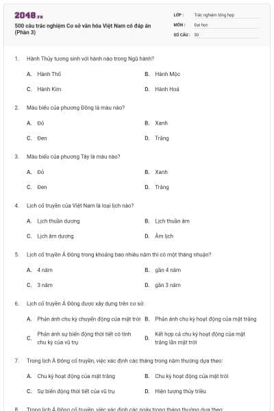 500 câu trắc nghiệm Cơ sở văn hóa Việt Nam có đáp án (Phần 3)