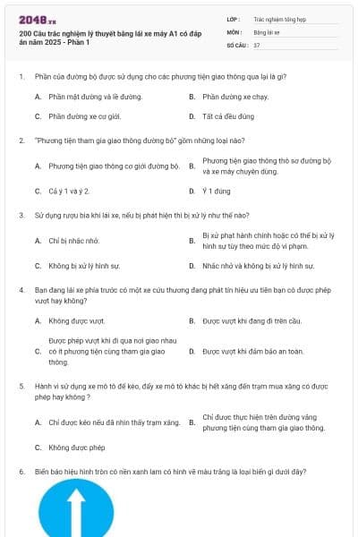 200 Câu trắc nghiệm lý thuyết bằng lái xe máy A1 có đáp án năm 2025 - Phần 1