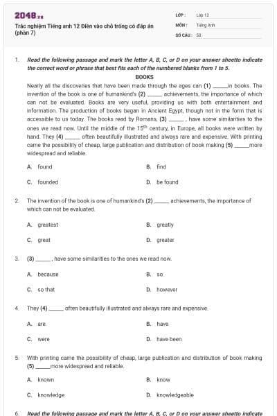 Trắc nghiệm Tiếng anh 12 Điền vào chỗ trống có đáp án (phần 7)