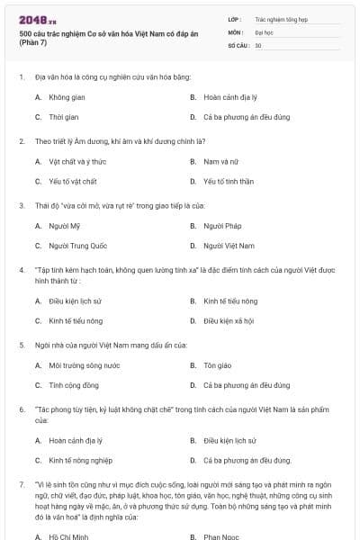 500 câu trắc nghiệm Cơ sở văn hóa Việt Nam có đáp án (Phần 7)