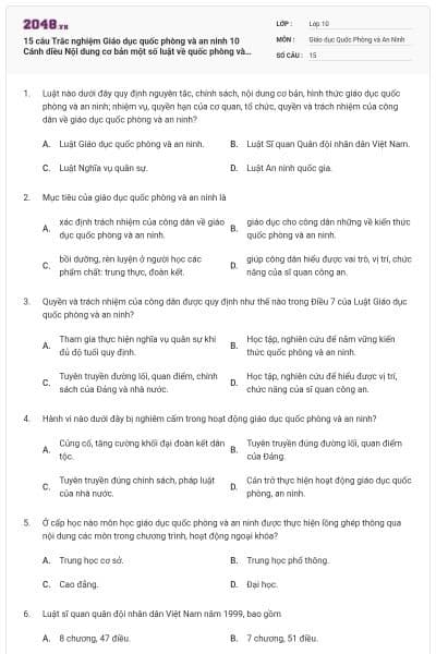 15 câu Trắc nghiệm Giáo dục quốc phòng và an ninh 10 Cánh diều Nội dung cơ bản một số luật về quốc phòng và an ninh Việt Nam có đáp án