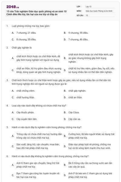 15 câu Trắc nghiệm Giáo dục quốc phòng và an ninh 10 Cánh diều Ma túy, tác hại của ma túy có đáp án
