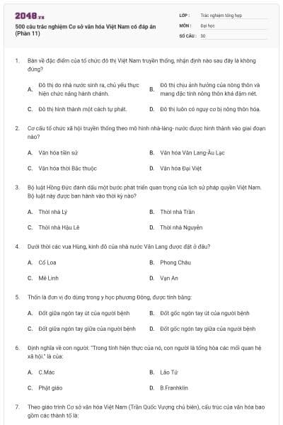 500 câu trắc nghiệm Cơ sở văn hóa Việt Nam có đáp án (Phần 11)