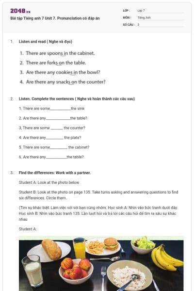 Bài tập Tiếng anh 7 Unit 7. Pronunciation có đáp án