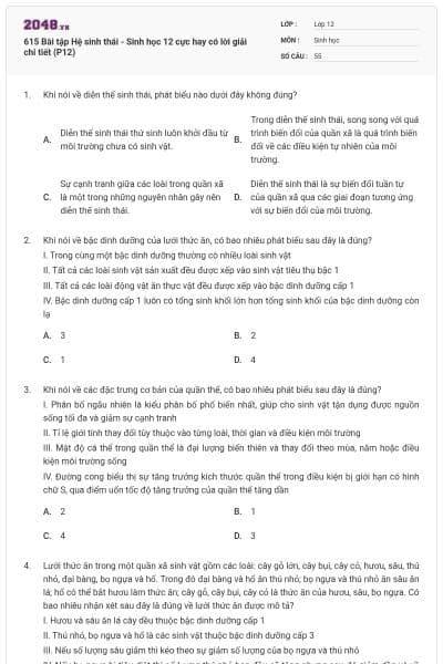 615 Bài tập Hệ sinh thái - Sinh học 12 cực hay có lời giải chi tiết (P12)