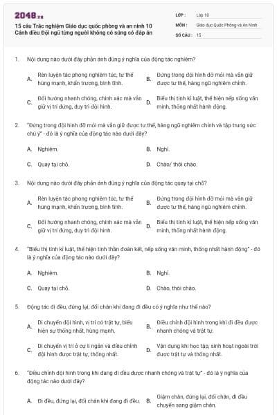 15 câu Trắc nghiệm Giáo dục quốc phòng và an ninh 10 Cánh diều Đội ngũ từng người không có súng có đáp án