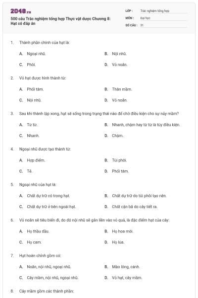 500 câu Trắc nghiệm tổng hợp Thực vật dược Chương 8: Hạt có đáp án