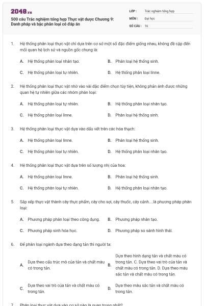 500 câu Trắc nghiệm tổng hợp Thực vật dược Chương 9: Danh pháp và bậc phân loại có đáp án
