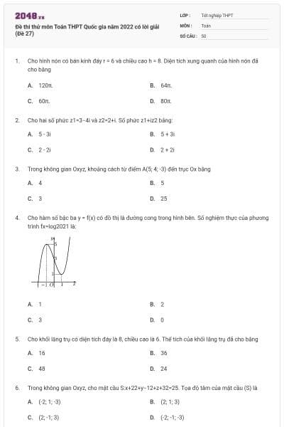 Đề thi thử môn Toán THPT Quốc gia năm 2022 có lời giải (Đề 27)
