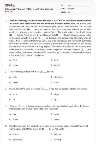 Trắc nghiệm Tiếng anh 12 Điền vào chỗ trống có đáp án (phần 8)