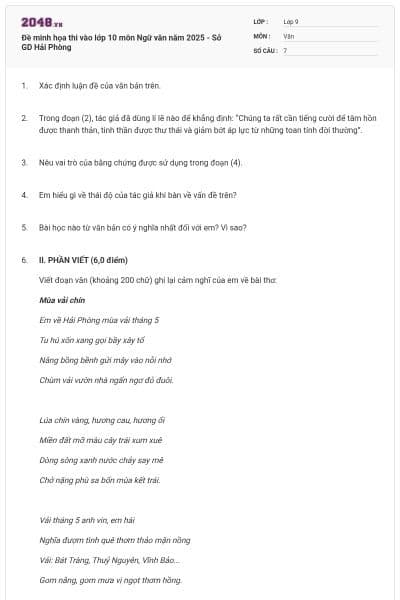 Đề minh họa thi vào lớp 10 môn Ngữ văn năm 2025 - Sở GD Hải Phòng