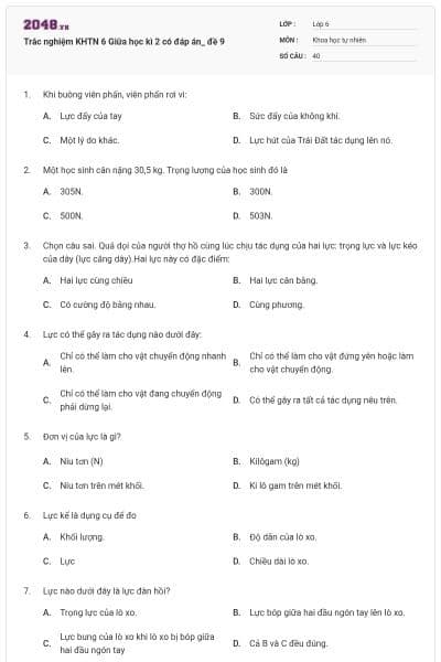 Trắc nghiệm KHTN 6 Giữa học kì 2 có đáp án_ đề 9