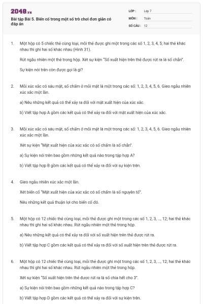 Bài tập Bài 5. Biến cố trong một số trò chơi đơn giản có đáp án