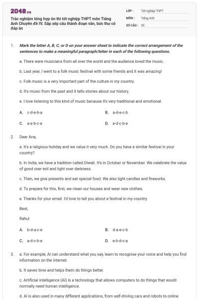 Trắc nghiệm tổng hợp ôn thi tốt nghiệp THPT môn Tiếng Anh Chuyên đề IV. Sắp xếp câu thành đoạn văn, bức thư có đáp án