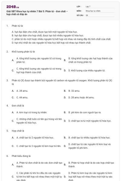 Giải SBT Khoa học tự nhiên 7 Bài 5: Phân tử - đơn chất – hợp chất có đáp án