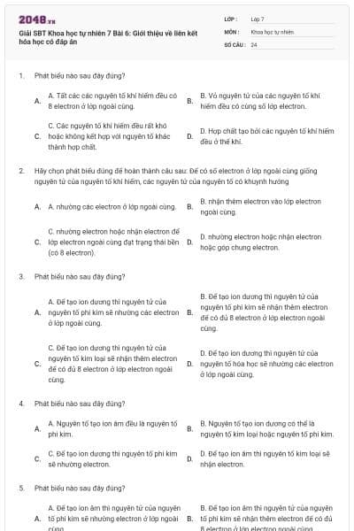 Giải SBT Khoa học tự nhiên 7 Bài 6: Giới thiệu về liên kết hóa học có đáp án