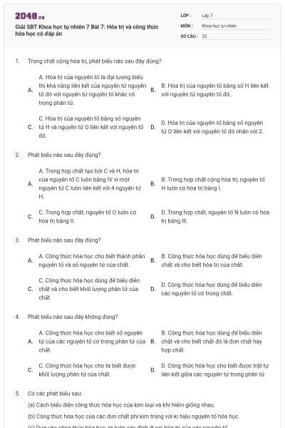 Giải SBT Khoa học tự nhiên 7 Bài 7: Hóa trị và công thức hóa học có đáp án