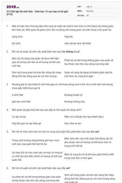 512 Bài tập Hệ sinh thái - Sinh học 12 cực hay có lời giải (P19)